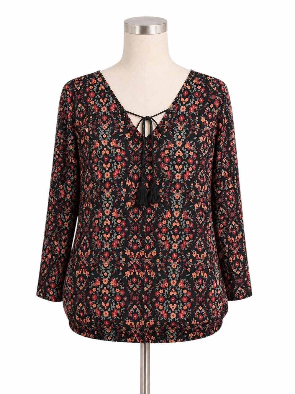 Lascana Boho Floral Peasant Blouse Tie Neck Long Sleeve Black Red Orange L
